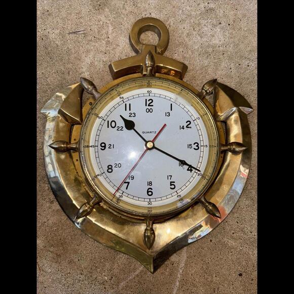 Vintage Ship's Time Solid Brass Quartz Anchor Nautical Marine Wall Clock - Picture 1 of 8